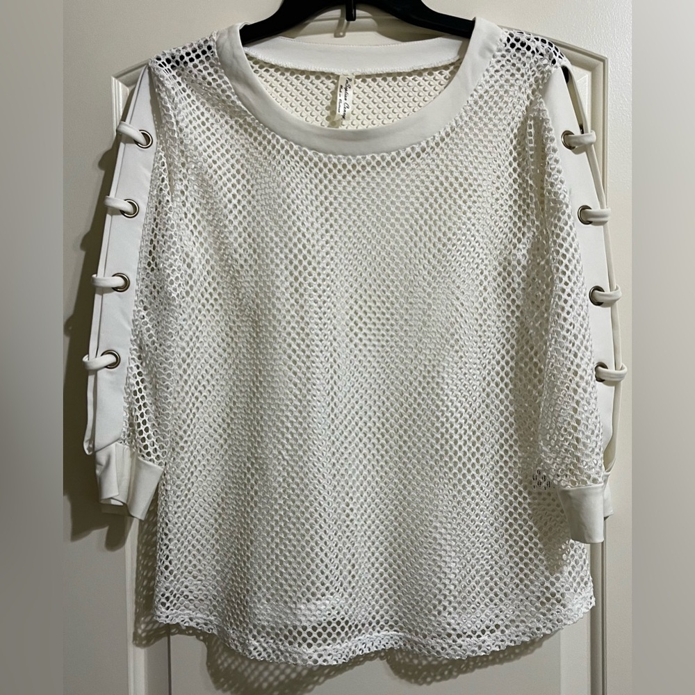 PerSeption Concept Women’s White See Through Eyelet Cutout Sleeves Top Blouse S